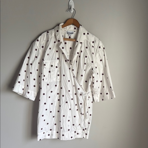 GANNI Polka-Dot Poplin Wrap Shirt L/XL - Picture 3 of 14